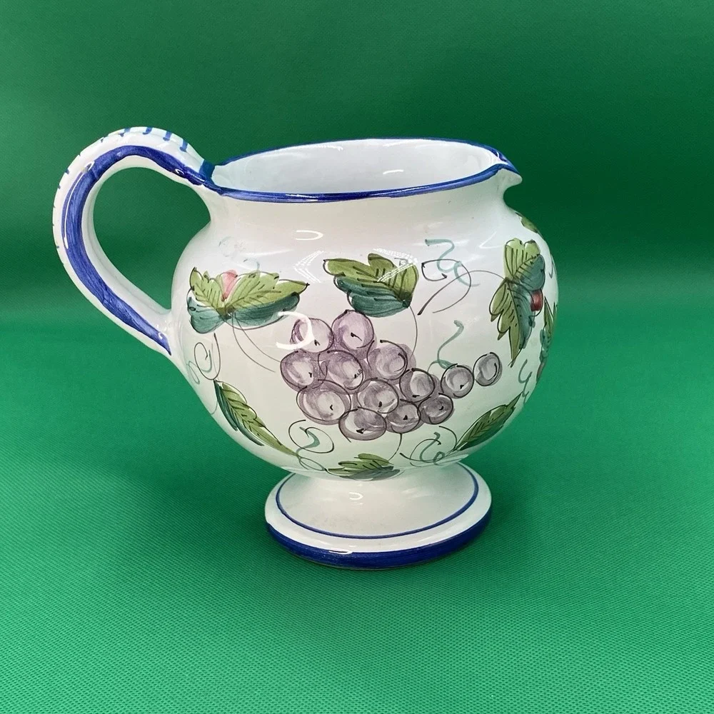 Dieci Soli Import Hand Painted Italian Pottery Grape Design Pitcher